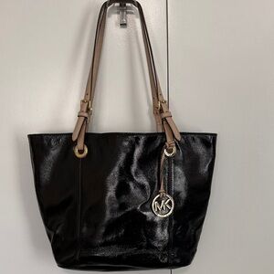 Michael Kors Black Patent Tote with Tan Straps and Gold MK Charm